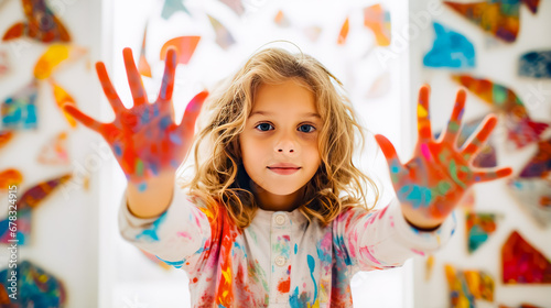 Little girl holding her hands up in the air with paint all over her hands.