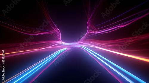 3d render technology abstract colorful high-speed light trails background, motion effect, neon fastest glowing light, empty space scene, spotlight, cyber futuristic sci-fi background,