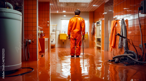 Man in orange jumpsuit is standing in flooded bathroom area. photo