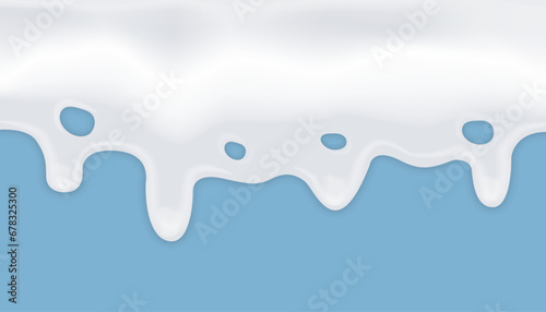 Realistic drips of white milk. Current yogurt, milk, kefir. 3D realistic milk wave border. Vector design for milk packaging, advertising and brochure.
