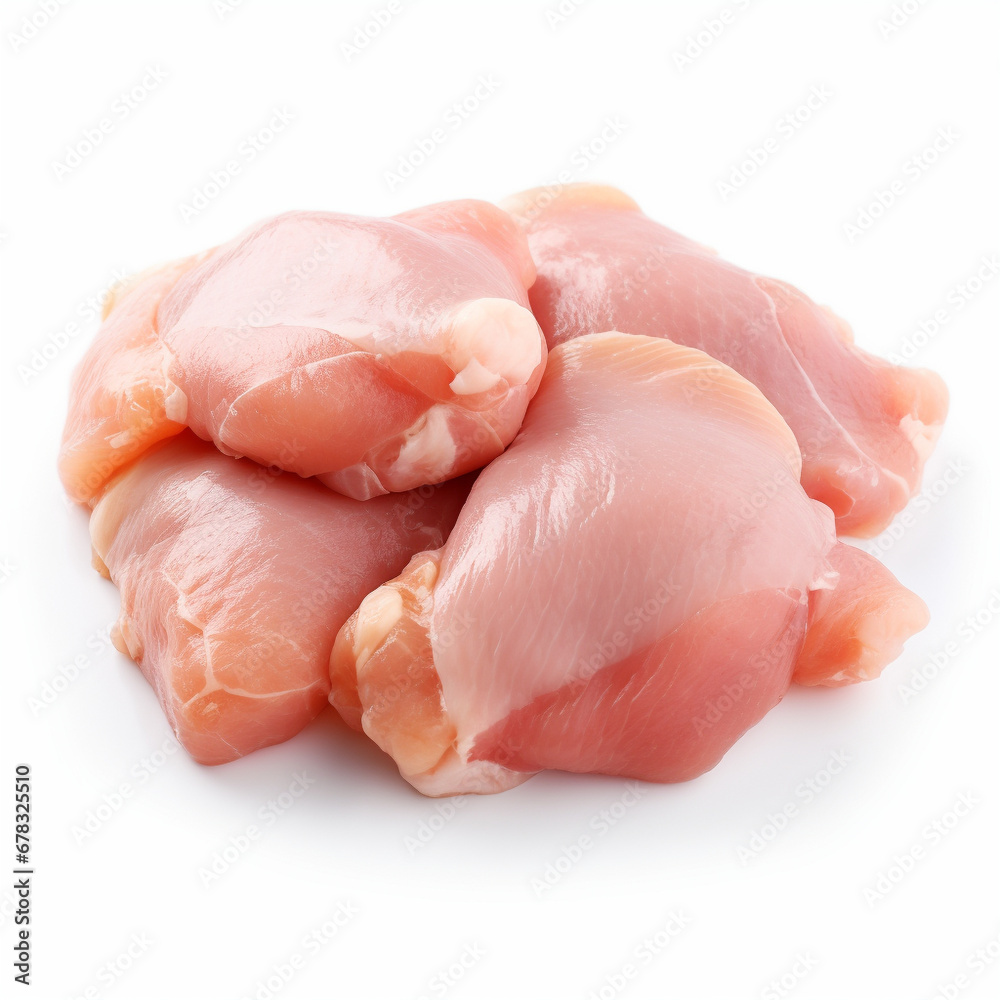 Boneless chicken thigh pieces meat, isolated on white. Boneless chicken thigh pieces meat, isolated on white.