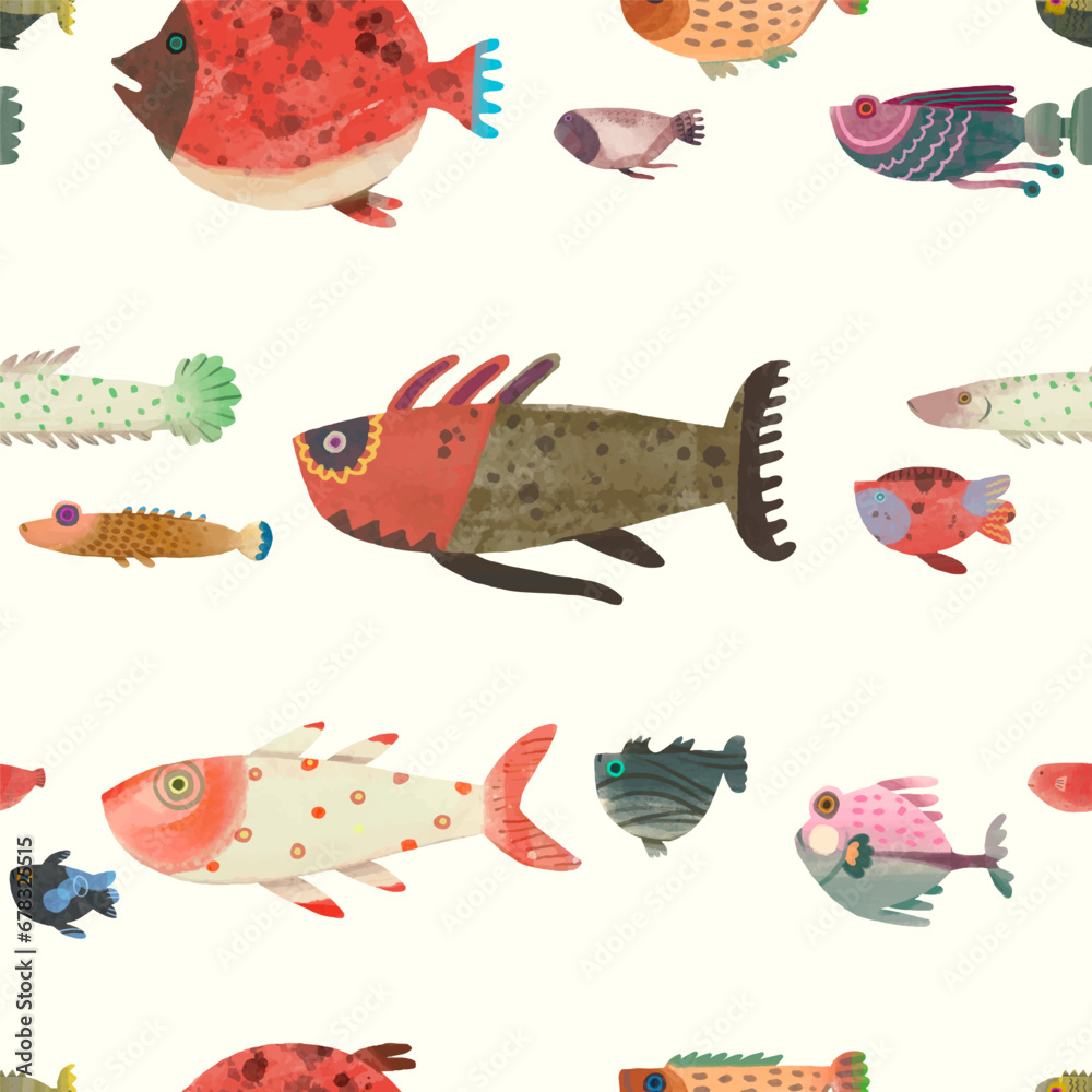 Fish seamless pattern. Watercolor vector illustration. cute animal.