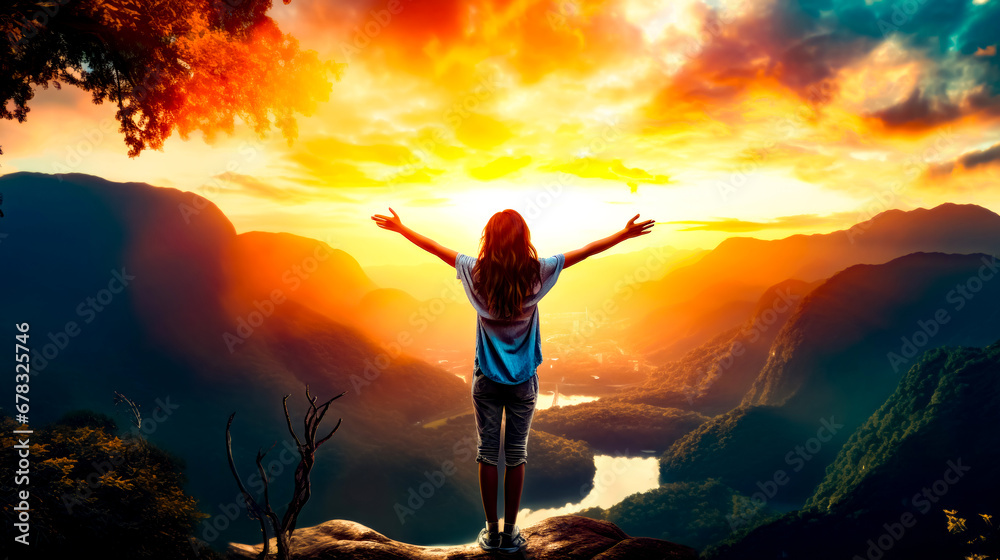 Woman standing on top of mountain with her arms outstretched in the air.