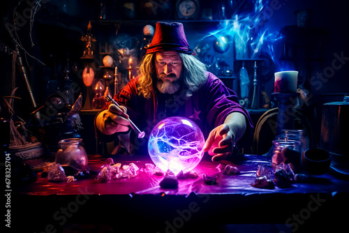Wizard is making crystal ball in room full of other items.