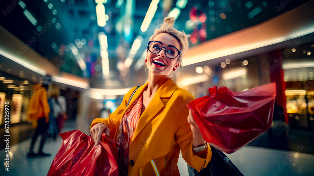 Woman in yellow jacket holding shopping bags and smiling at the camera.