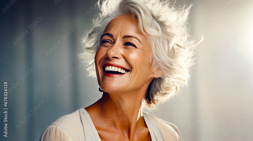 Older woman with white hair smiling and looking up at the sky with smile on her face. Older woman with white hair smiling and looking up at the sky with smile on her face.