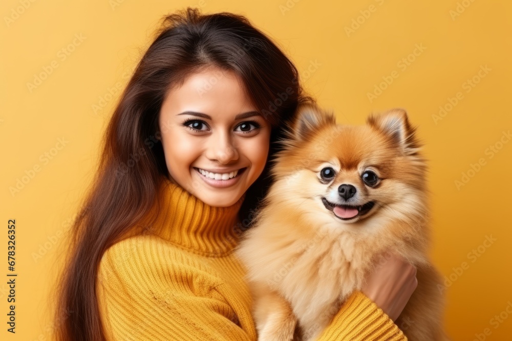 Horizontal shot of happy Afro American hostess poses with cute spitz puppy with stucked out tongue, looks aside and smiles, have nice walk together, isolated on yellow background, blank space Horizontal shot of happy Afro American hostess poses with cute spitz puppy with stucked out tongue, looks aside and smiles, have nice walk together, isolated on yellow background, blank space