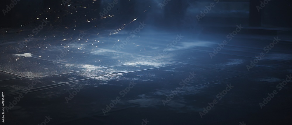 Ethereal blue winter night scene on a snowy floor, with sparkles and light beams creating a magical atmosphere