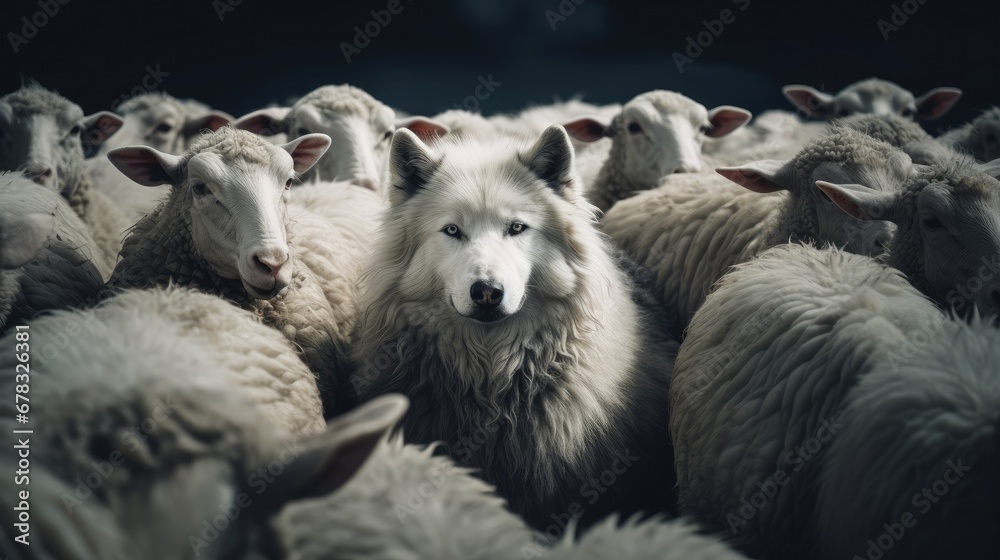 Obraz premium A wolf among a flock of sheep. Concept of identity and difference. ai generated