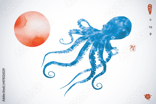 Ink painting of blue octopus and big red sun. Traditional oriental ink painting sumi-e, u-sin, go-hua. Hieroglyphs - eternity, freedom, happiness, wisdom