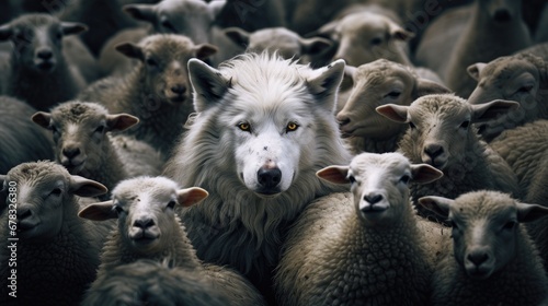 A wolf among a flock of sheep. Concept of identity and difference. ai generated