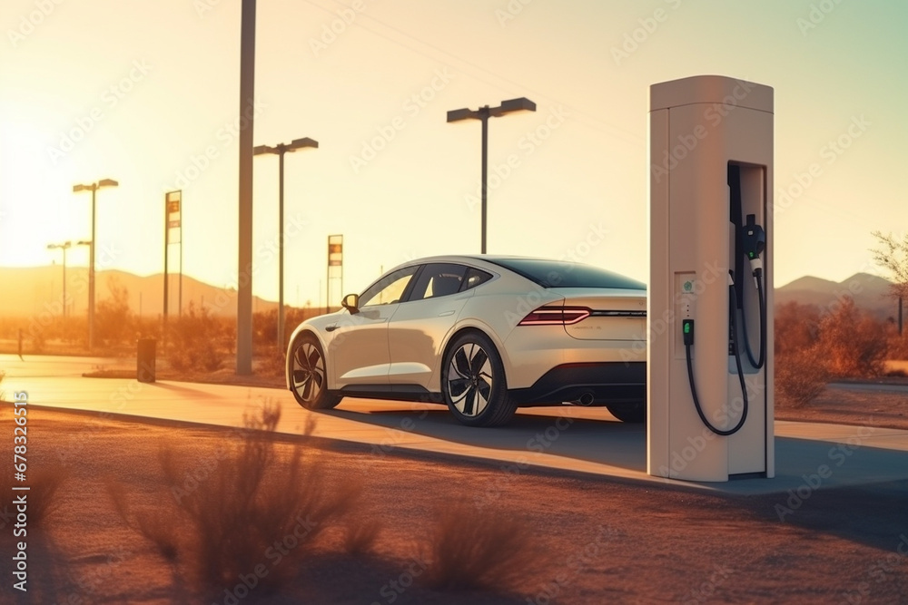 Charging station for electric cars on a deserted highway. - obrazy, fototapety, plakaty 