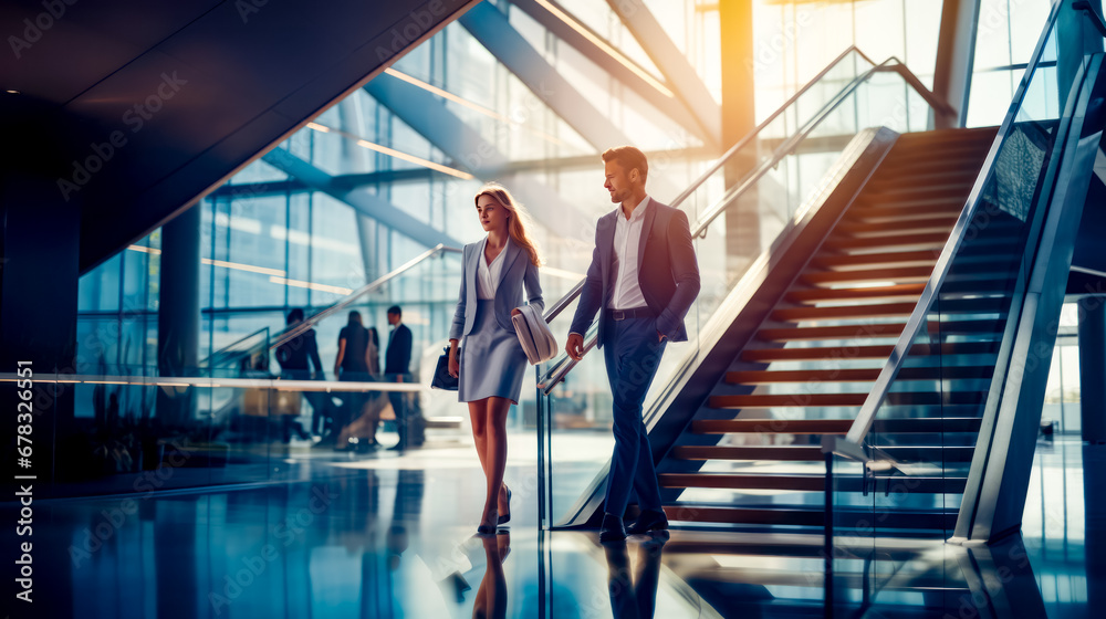 Man and woman are walking down the escalator in office building. Man and woman are walking down the escalator in office building.
