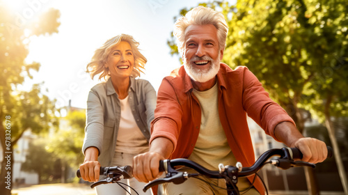 Man and woman riding bikes on sunny day with trees in the background.