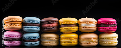 Macarons cakes on black background. Colorful delicious french macarones wide banner