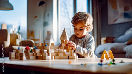 Young child playing with wooden blocks on table in front of window.