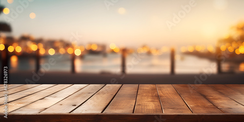 Empty wooden table with bokeh lights outdoor background, Glowing Ambiance Bokeh Lights Illuminate an Empty Wooden Table in a Restaurant, Rustic Wood Background With Lights, GENERATIVE AI