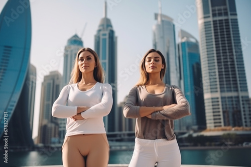 Two athletic women doing fitness and stretching against the backdrop of a metropolis.