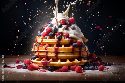 waffle whipping cream crispy caramell and berryes photo