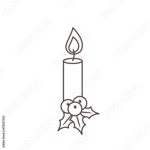 Vector Illustration of Christmas candle and holly berry. Element of xmas and New Year events. Isolated object in outline style