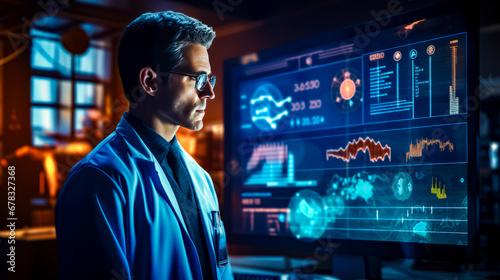 Man in lab coat looking at computer screen with graphs on it.
