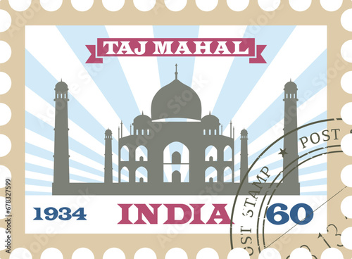 Flat colorful detailed postcard stamp with TAJ MAHAL famous landmark and symbol of the Indian city of AGRA, INDIA