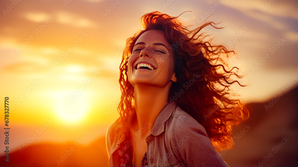 Woman with her hair blowing in the wind with the sun in the background.
