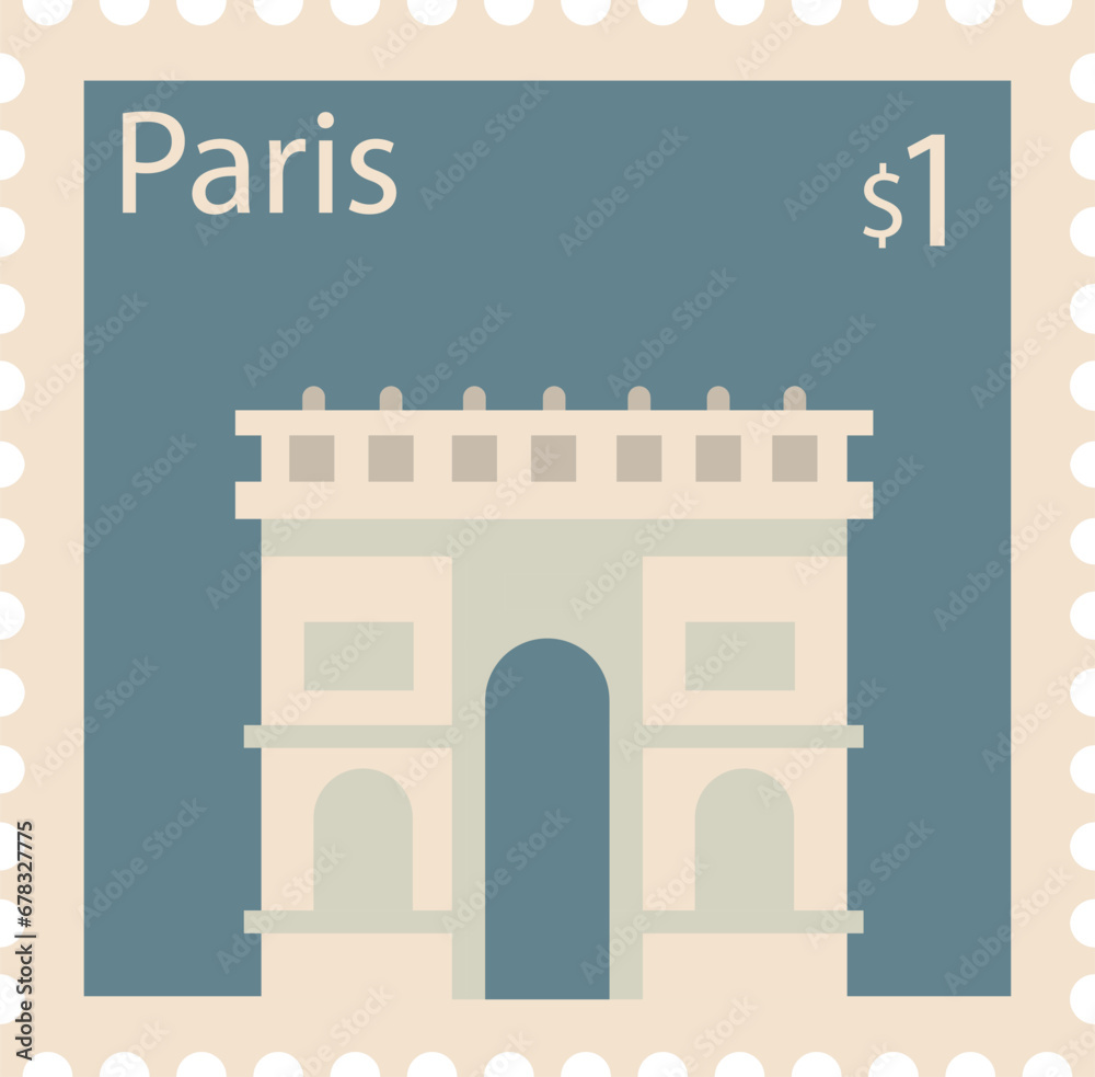 Obraz premium Flat colorful detailed postcard stamp with ARC DE TRIOMPHE famous landmark and symbol of the French city of PARIS, FRANCE