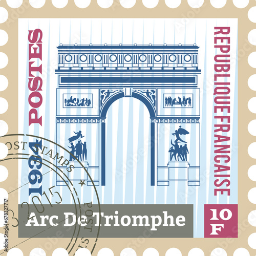 Flat colorful detailed postcard stamp with ARC DE TRIOMPHE famous landmark and symbol of the French city of PARIS, FRANCE