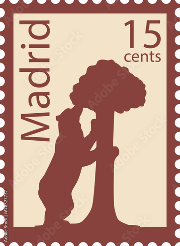 Flat colorful detailed postcard stamp with EL OSO Y EL MADROÑO (STATUE OF THE BEAR AND THE STRAWBERRY TREE) famous landmark and symbol of the Spanish city of MADRID, SPAIN