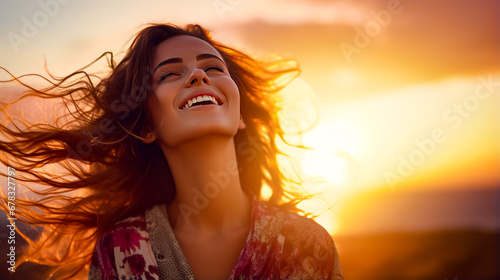 Woman with her hair blowing in the wind with the sun in the background. © Констянтин Батыльчук