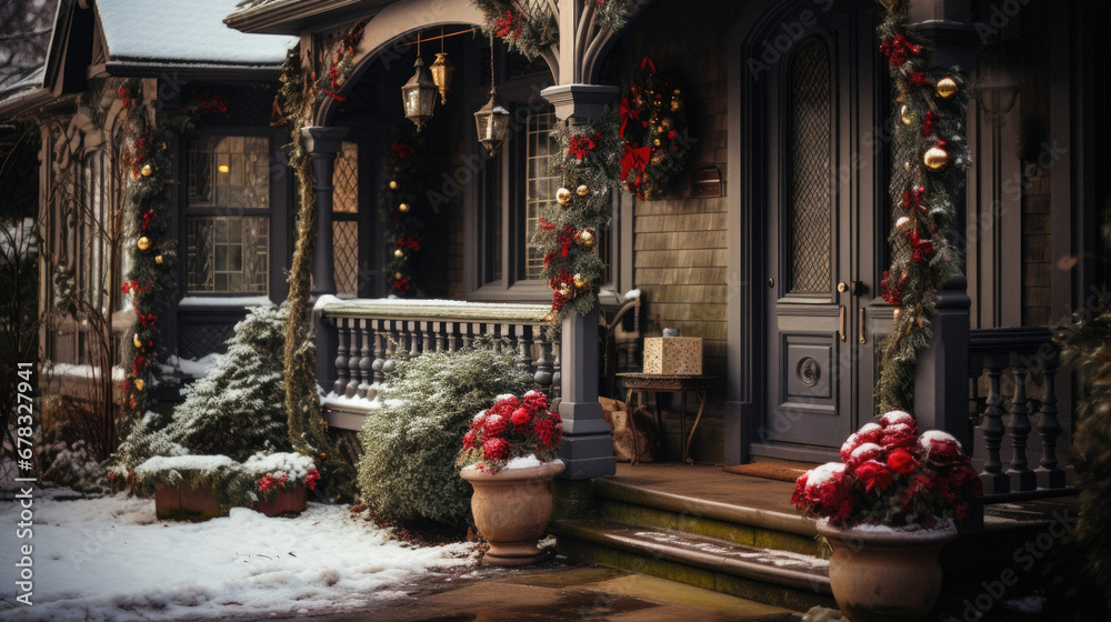 Beautiful decorated front door of a house with Christmas ornaments.