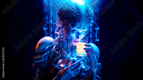 Woman holding glass in her hands with light shining on her face.
