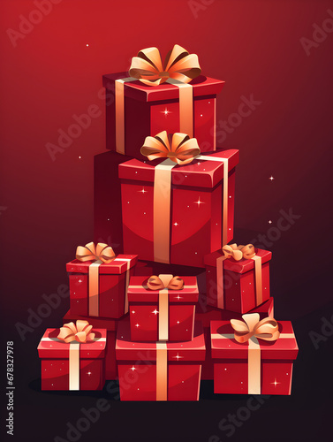 Illustration of red gift boxes with golden ribbon on dark red background © TatjanaMeininger