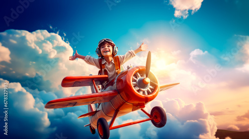 Boy in pilot's outfit is sitting on top of airplane.