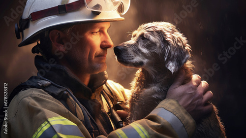  Firefighter holds a dog in his hands. Hero rescued pet
