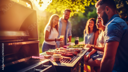 Group of people standing around bbq grill with food on it.