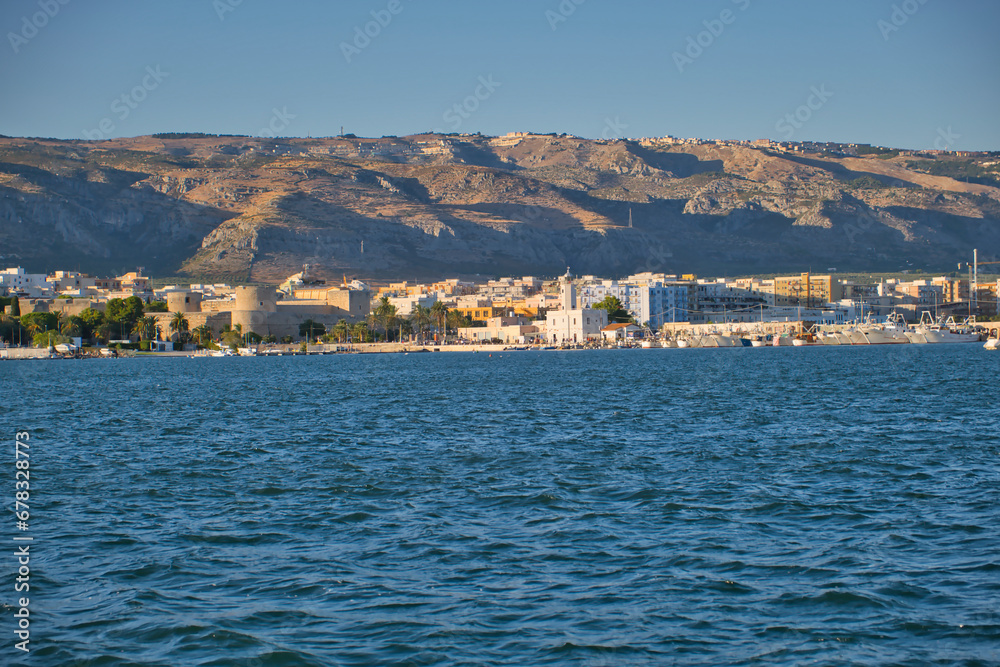 View from the sea of Manfredonia and the Gargano mountains with Monte Sant Angelo