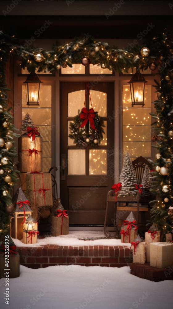 Beautiful decorated porch with christmas tree, gifts and lanterns.