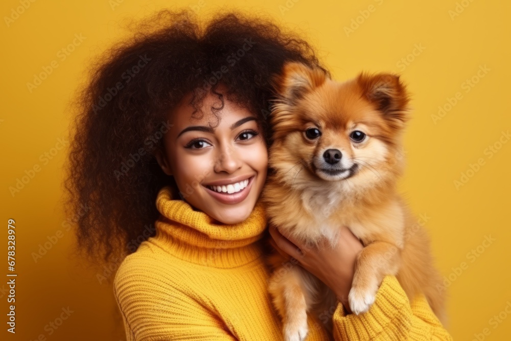 happy african american housewife with cute spitz puppy, looking away and smiling, pleasantly walking together, isolated on yellow background, empty space happy african american housewife with cute spitz puppy, looking away and smiling, pleasantly walking together, isolated on yellow background, empty space
