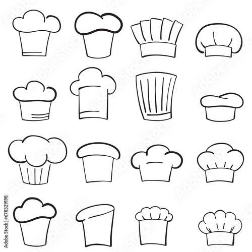 Set of vintage chef and cook hats in doodle style. Black and white hand drawn illustration. Vector illustration on white background