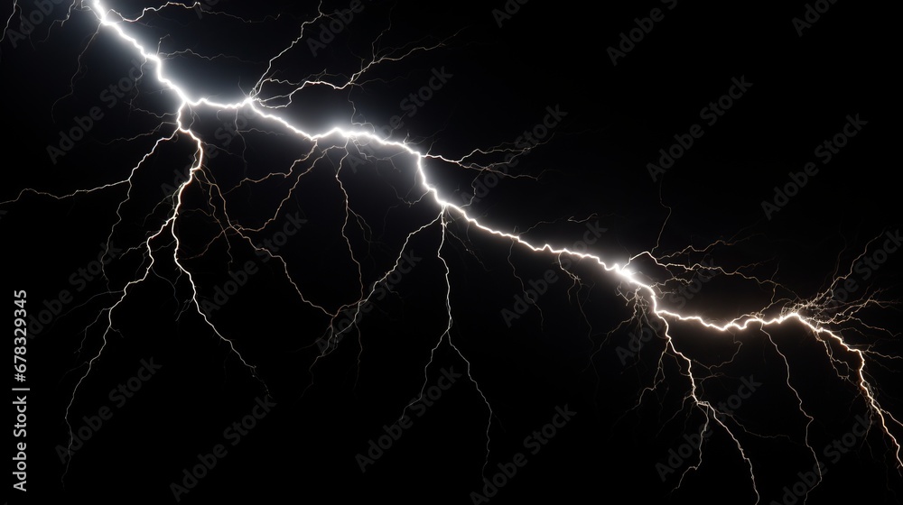 Lightning and thunderclap isolated on a black background to overlay on your photos. Lightning in the night sky. Thunderstorm, downpour, weather concept