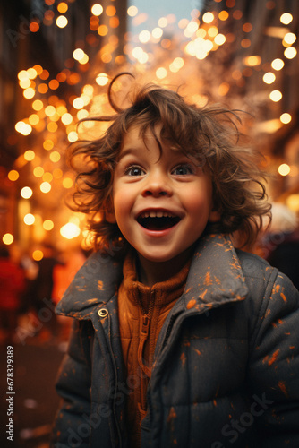 Portrait of a happy little boy on the background of Christmas lights.