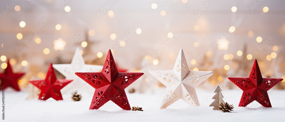 Glittering Christmas stars in snow with warm lights Glittering Christmas stars in snow with warm lights