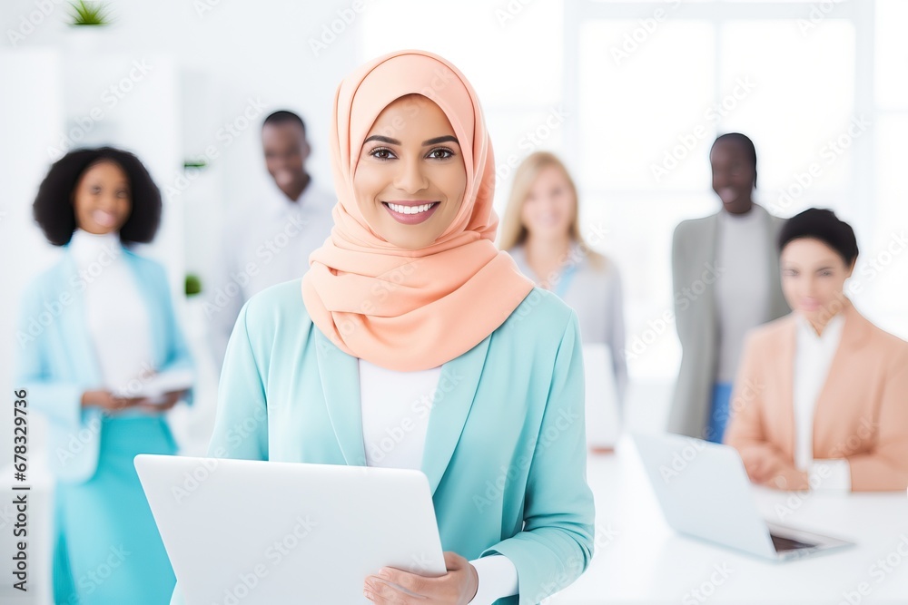 Smiling woman in hijab with laptop, diverse business team in background
