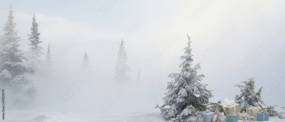 Snow-laden pine trees and Christmas gifts stand in a soft, wintry mist