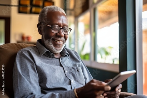 lderly black man reading news on tablet while sitting in living room at home