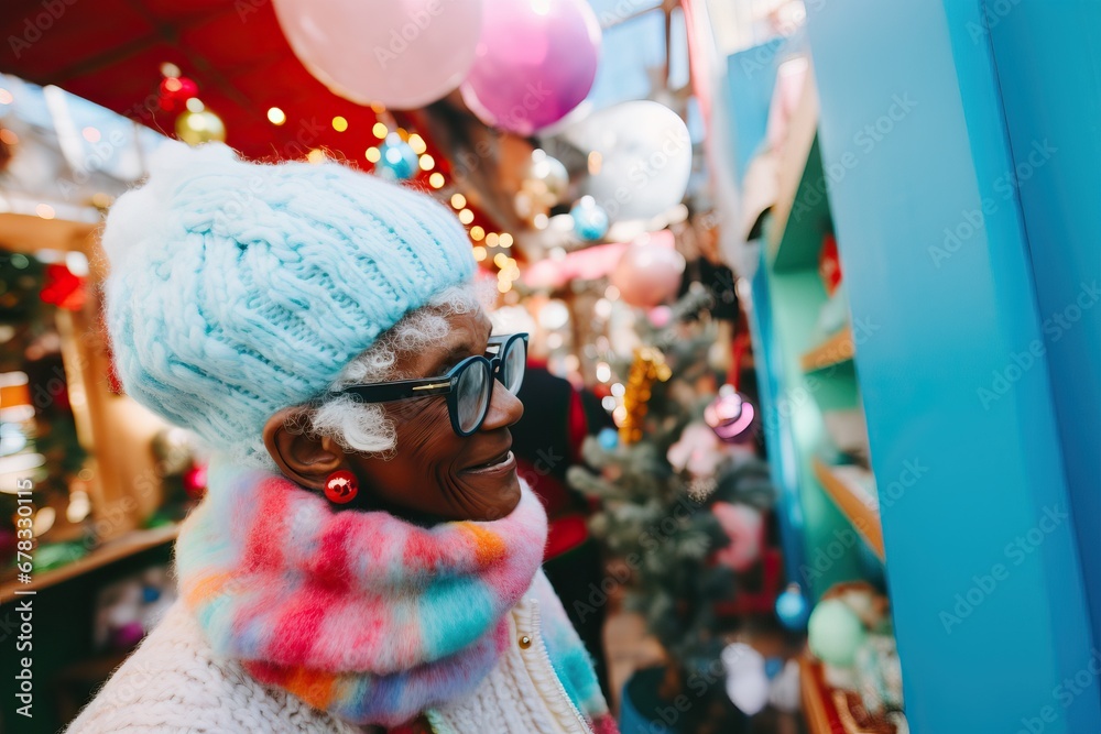 Obraz premium Elderly woman with colorful winter attire, happy at a festive Christmas market