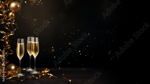 Banner with two glasses of champagne on a dark background with serpentine
