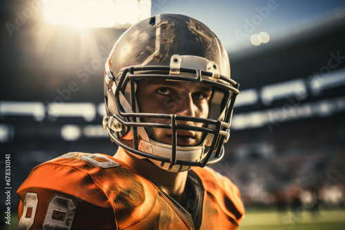 American football player close-up at the stadium in the light of floodlights with smoke